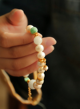 水舞 L1039 天然珍珠A货翡翠紫翠罗兰回纹珠手串新中式国风手链女