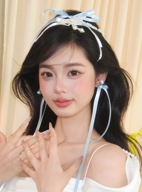 水舞B2937蓝色长款蝴蝶结超仙少女风网红气质边夹发夹百搭头饰
