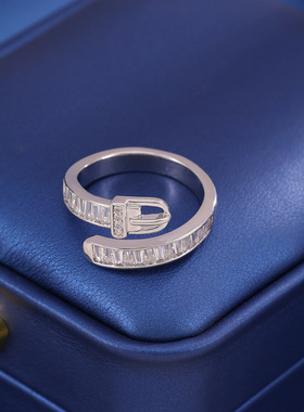 韩版时尚新款皮带扣设计超闪开口戒指女日常百搭通勤可调节指环