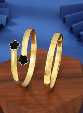 新款开口五瓣花十字印花手镯两件套欧美热卖气质手环套装