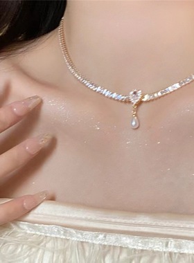 法式赫本风锆石项链轻奢小众高级设计感水滴形珍珠锁骨链网红颈链