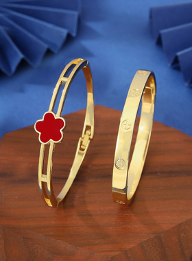 新款五瓣花双层手镯两件套外贸wish热卖五叶草手环套装