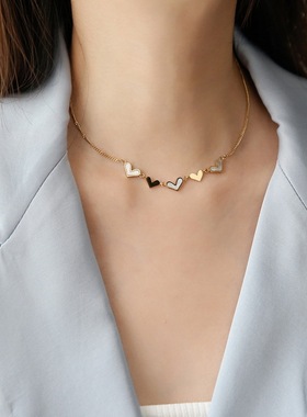 韩版ins冷淡风简约气质 时尚多个小爱心白贝钛钢短款项链锁骨链女