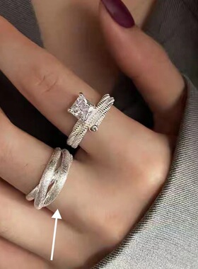 磨砂精致交叉线条开口戒指女时尚闪亮锆石配饰可调节手饰食指戒潮