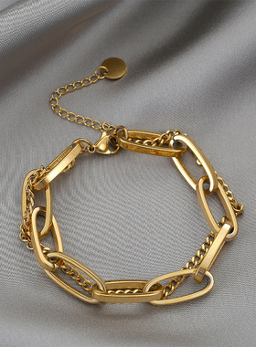 钛钢材质复古时尚金色长链吊坠双层粗手链女潮牌配饰品