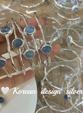 韩国ins爆款手镯 S925纯银椭圆形树枝海蓝宝手环 开口女款