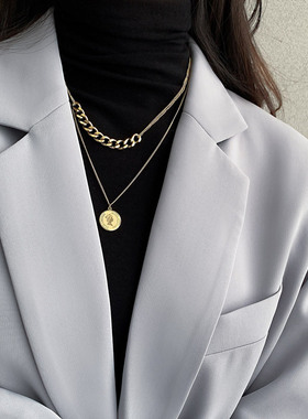 搭配卫衣 双层美人头装饰项链精致锁骨链2023年新款女轻奢小众女