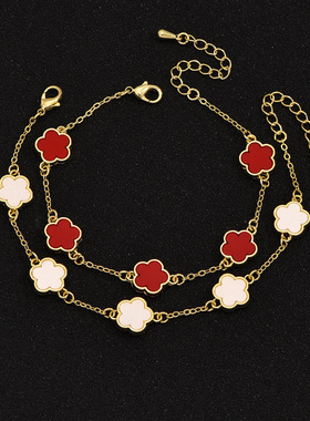 欧美小众设计幸运五瓣花手链女气质感时尚五叶花两条手链手饰