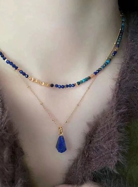 显白深蓝色石串珠锁骨链女百搭气质时尚套装中国风项链小众饰品潮