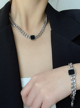 欧美个性夸张钛钢粗链项链网红百搭黑色方块锁骨链颈链女同款手链