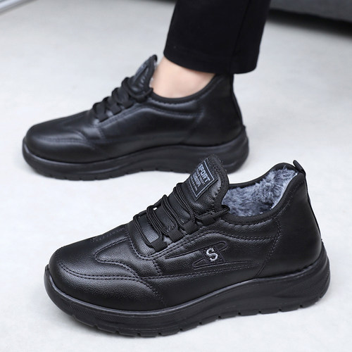 厨房鞋男冬加绒防滑加厚保暖一脚蹬皮面防水一脚蹬上班厨师工作鞋 - 图2