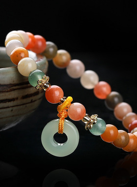 天然新疆金丝玉平安扣手链女款天然多宝彩色玉石秋冬手串单圈串珠
