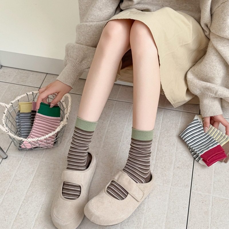 YOUJIAXIU撞色宽罗口miu系松弛感复古条纹袜子秋冬日系无骨堆堆,淘宝优惠券,粉丝福利购,淘宝优惠卷