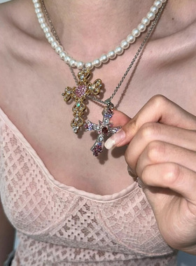 辣妹彩钻夸张y2k珍珠十字架项链