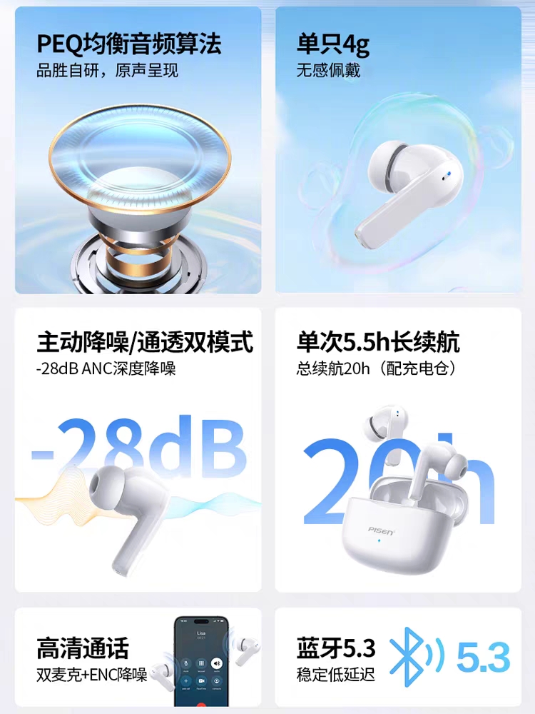 品胜P1真无线蓝牙耳机降噪智能适用苹果华为小米oppo防水防尘耳机 - 图1