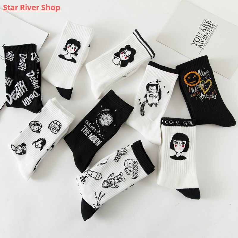 New Autumn Black and White Sports Women Socks Cotton Cute W - 图0