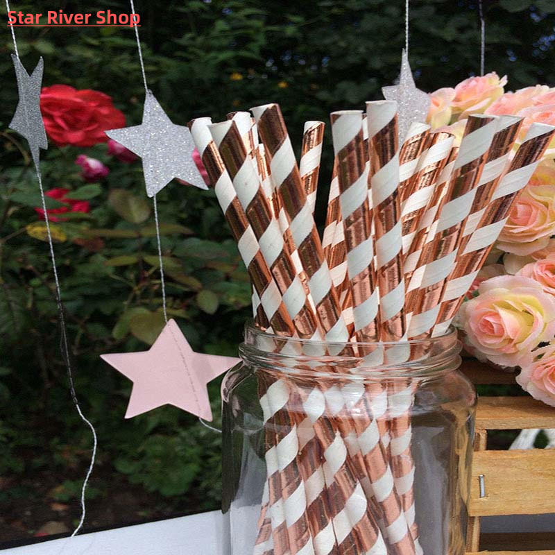 25pcs Rose Gold Paper Straws Strip Dot Drinking Straw Dispos - 图2