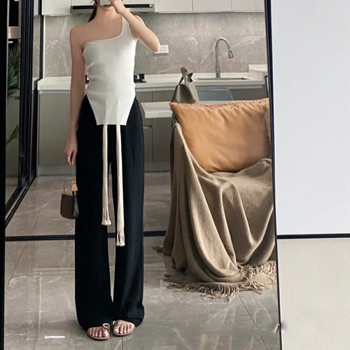不起球 坠感慵懒运动遛弯裤编织抽绳垂感裤休闲卫裤面条裤子女夏 - 图0