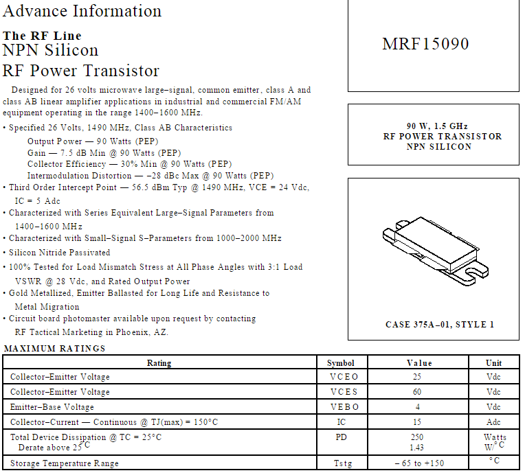 实体店专营射频功放管 高频管MRF15090 90W 1.5GHZ 原装拆机件 - 图0