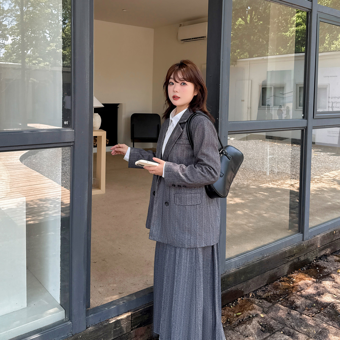 2025冬季新款英伦风人字纹毛呢西装半身裙两件套装女职业西装套装,淘宝优惠券,粉丝福利购,淘宝优惠卷