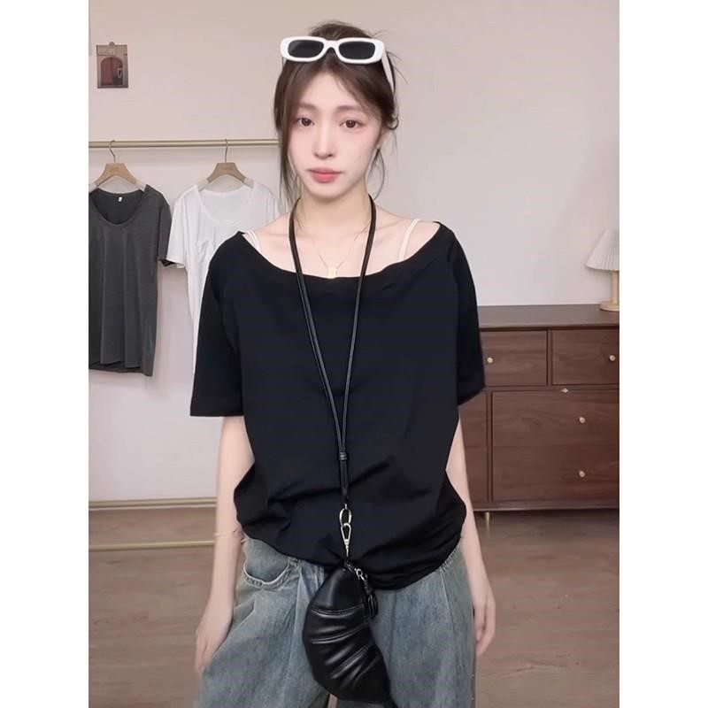 张婧仪同款黑色露肩t恤短袖女夏纯欲一字肩辣妹斜肩显瘦别致上衣,淘宝优惠券,粉丝福利购,淘宝优惠卷