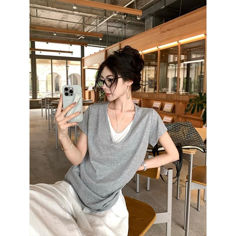 叠穿假两件白色短袖女v领正肩t恤2025夏宽松慵懒半袖体恤通勤上衣,淘宝优惠券,粉丝福利购,淘宝优惠卷