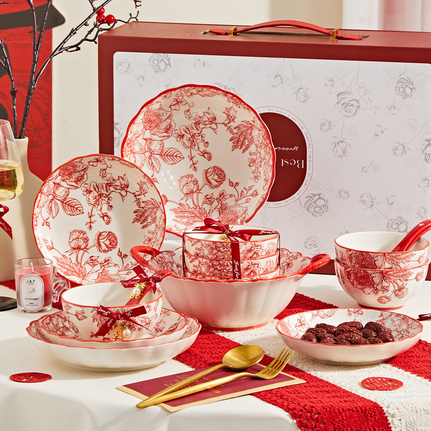 结婚喜碗陪嫁碗筷套装结婚新婚碗碟碗具餐具套装礼盒送新人礼物,淘宝优惠券,粉丝福利购,淘宝优惠卷