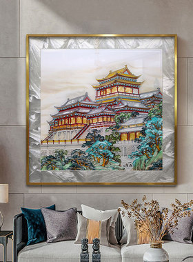 山水楼阁画客厅新中式挂画珐琅彩装饰画书房茶室遮丑壁画玄关入户