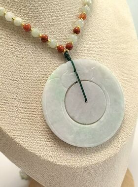 D1462# 天然A货翡翠子母扣大版吊坠57*3.5mm配翡翠 南红 沙金珠链