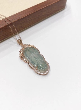 D4# 天然冰种翡翠叶子925银 玫瑰金镶嵌金枝玉叶吊坠 925纯银链