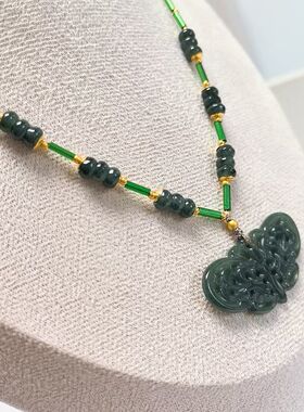 D1495#天然A货蓝水翡翠蝴蝶吊坠39*20.5*2.5mm配蓝水翡翠盘珠项链