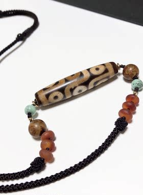 D922# 西藏特色包浆玉化老玛瑙九眼天珠玉髓血丝天珠项链吊坠原创