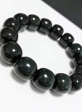 S1668# 天然新疆和田玉塔青玉老型桶珠男士手链14*13mm 配证书