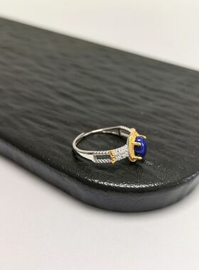G66# S925通体纯银双色镀真金精工镶嵌青金石戒指 青金裸石7*5mm