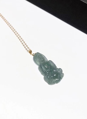 D267# 天然A货高冰翡翠冰蓝水观音吊坠 18K金扣头 31*17.5*4.8mm