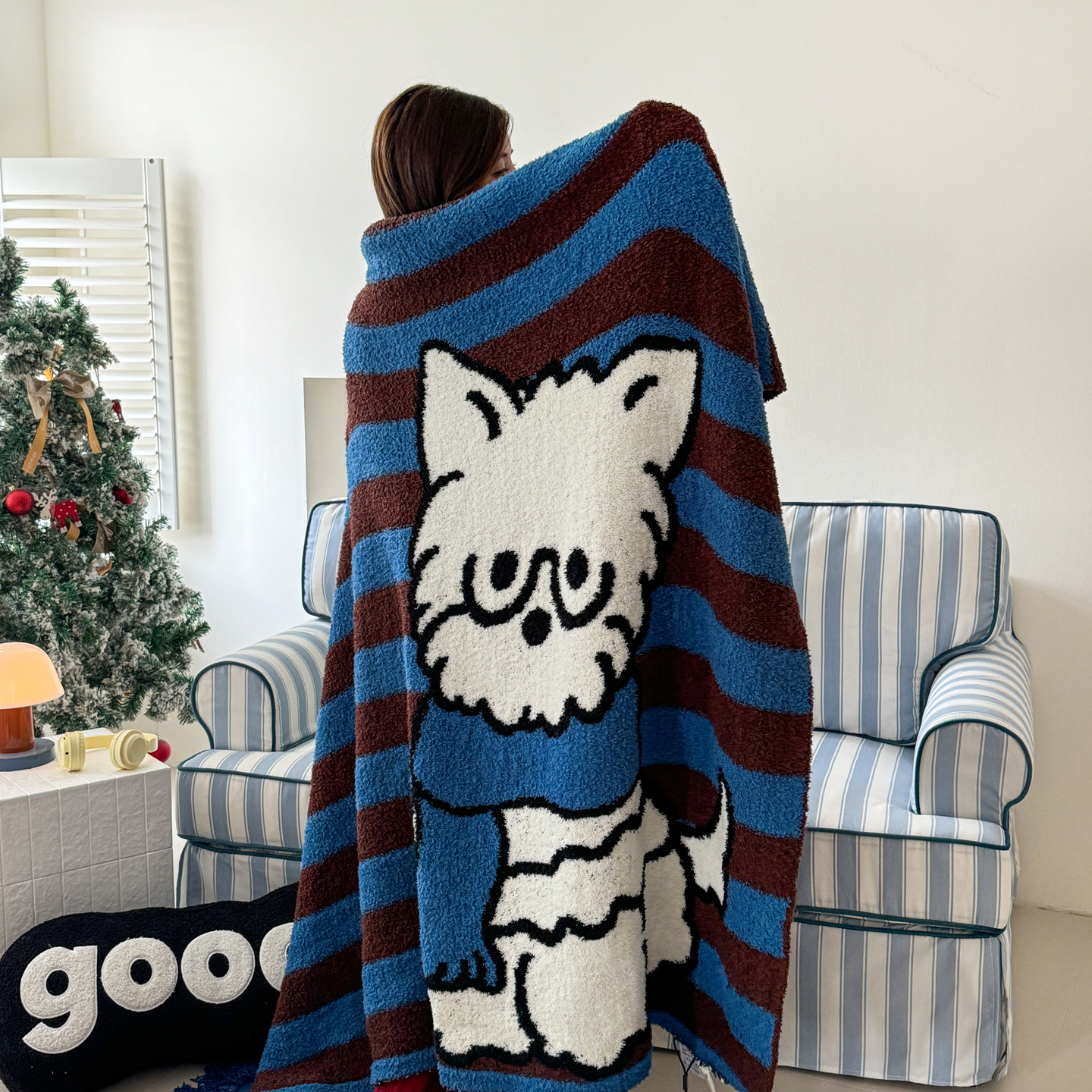 卡通半边绒毛毯冬季保暖沙发毯条纹小狗图案家居午休毯,淘宝优惠券,粉丝福利购,淘宝优惠卷