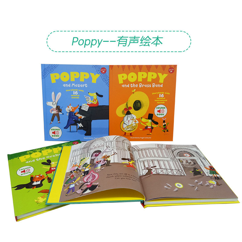 4册法国幼儿音乐启蒙发声书Poppy音乐奇遇记 正版进口英文原版绘本 宝宝幼儿童英语益智早教玩具书古典音乐认知读物图书