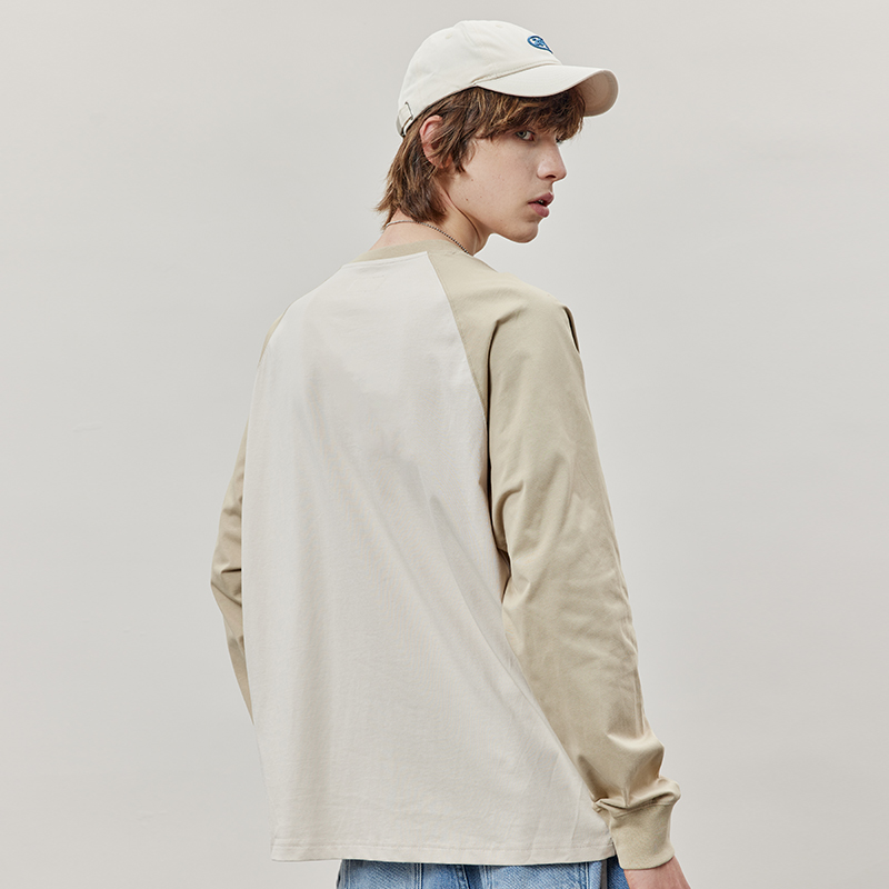 公鸡冠军长袖T恤男秋季新款宽松卡其个性印花插肩袖情侣重磅体恤 - 图1