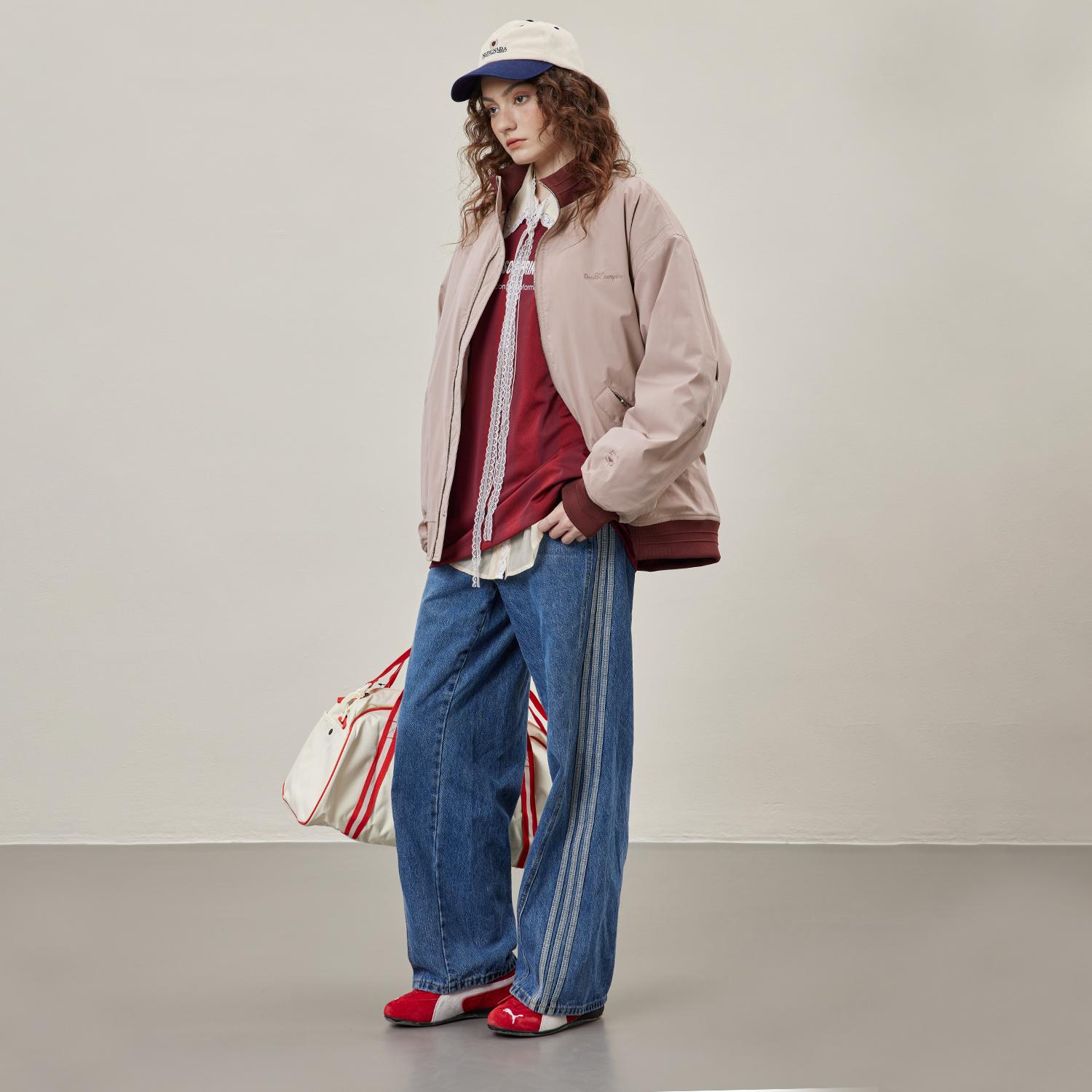 公鸡冠军灰粉飞行员棉服男冬季宽松美式刺绣撞色夹棉加厚保暖外套 - 图1