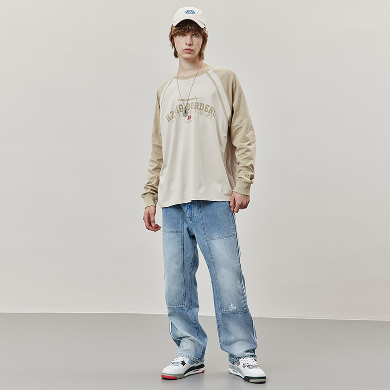 公鸡冠军长袖T恤男秋季新款宽松卡其个性印花插肩袖情侣重磅体恤 - 图2