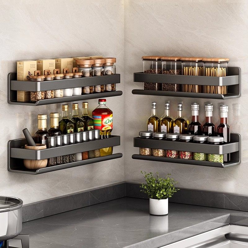 枪灰厨房调料置物架不锈钢免打孔家用壁挂油盐酱醋瓶罐墙上收纳架,淘宝优惠券,粉丝福利购,淘宝优惠卷