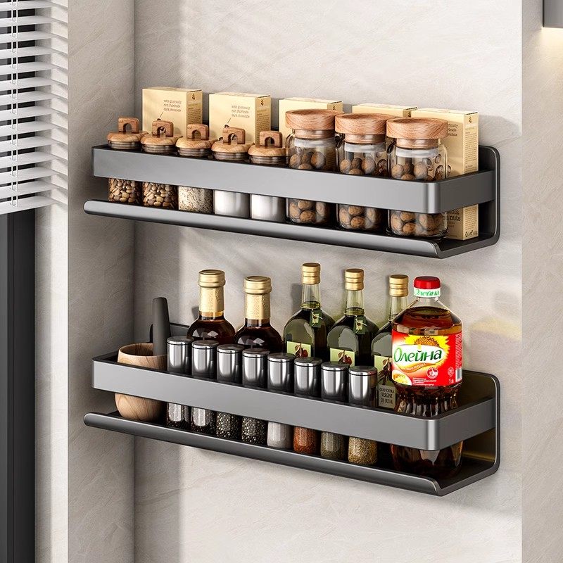 枪灰厨房调料置物架不锈钢免打孔家用壁挂油盐酱醋瓶罐墙上收纳架,淘宝优惠券,粉丝福利购,淘宝优惠卷