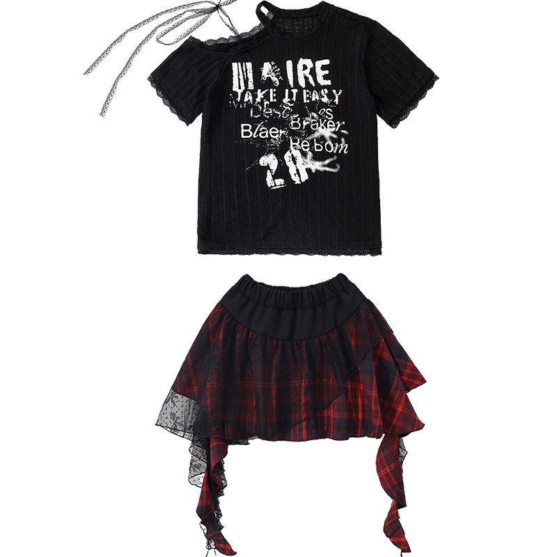 爵士舞服装女童时髦露肩T恤格子短裙走秀服女团韩舞现代舞演出服,淘宝优惠券,粉丝福利购,淘宝优惠卷