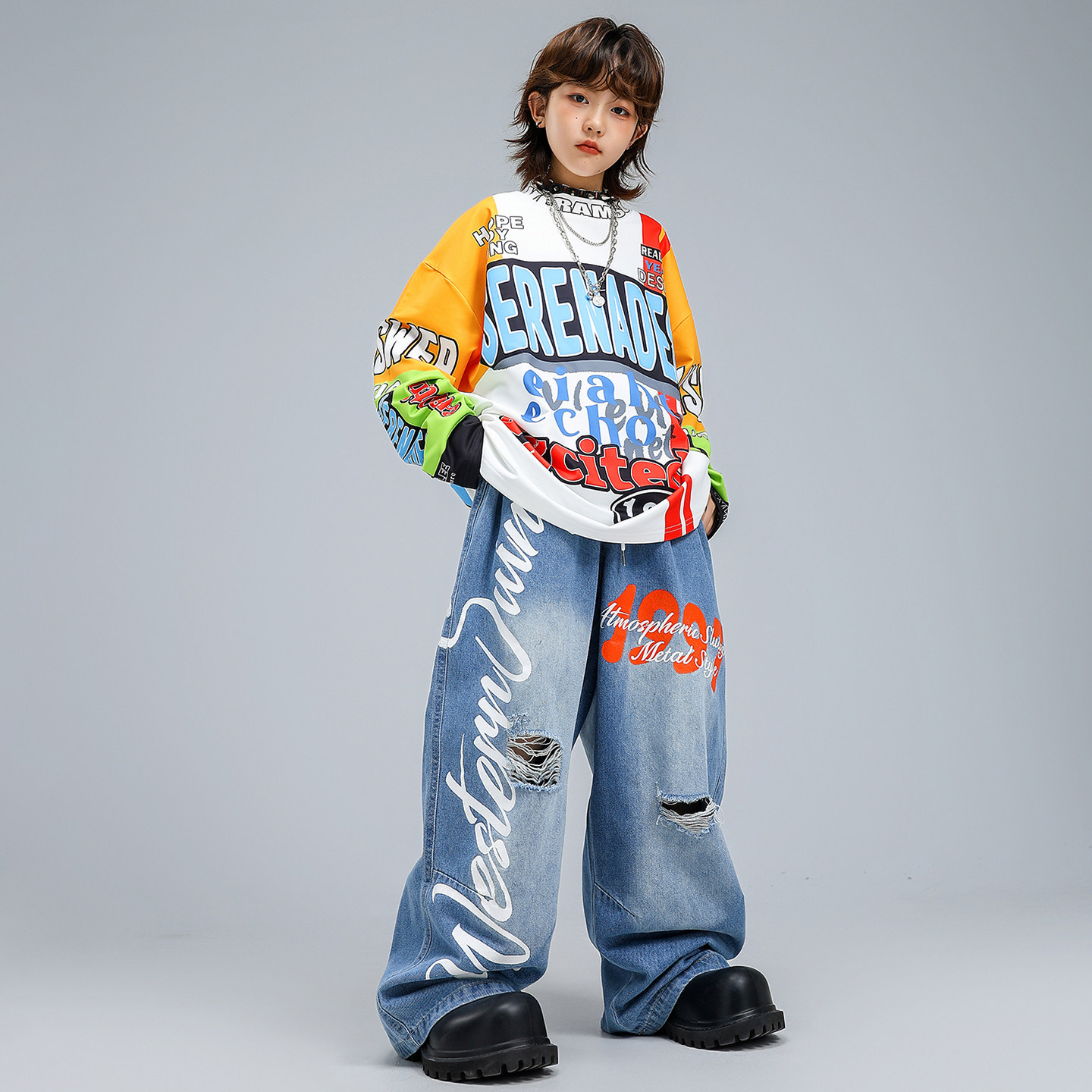 儿童嘻哈街舞服男女童宽松长袖T恤hiphop舞蹈练功服架子鼓演出服,淘宝优惠券,粉丝福利购,淘宝优惠卷