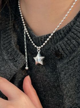 韩版S925银五角星流苏圆珠项链