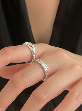 s925银戒指韩版几何素圈双层双环戒指女气质冷淡风开口不规则指环