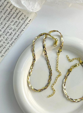 古罗珠宝925银镀金色三股编织链