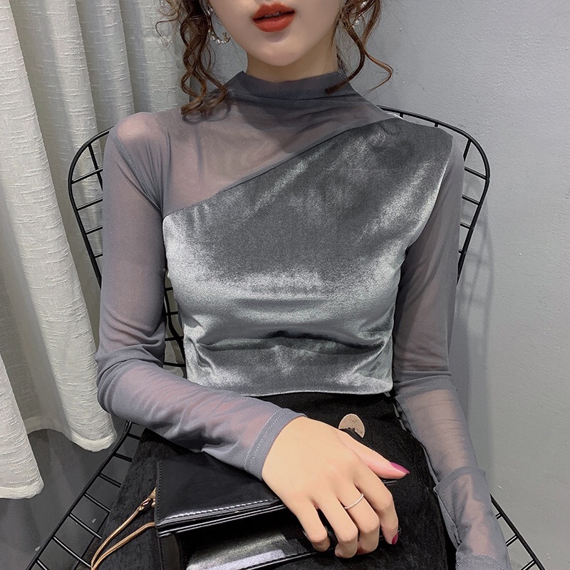 2021半高领网纱女秋拼接内搭打底衫 朵袖丽T恤