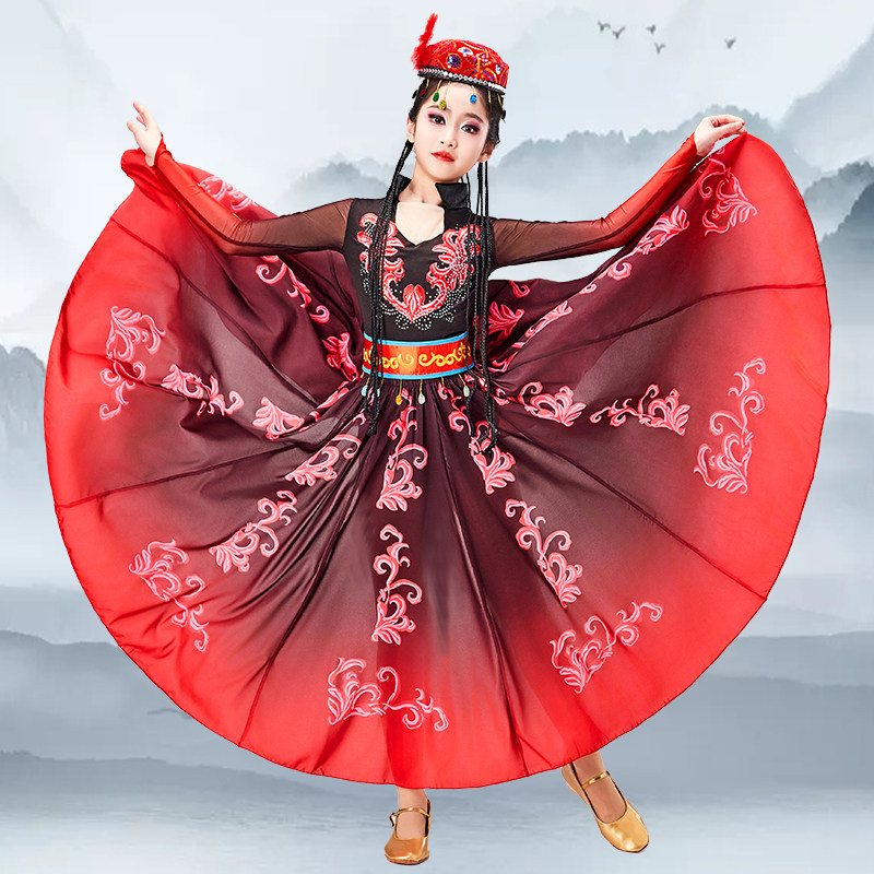 儿童新疆舞演出服维吾尔族古丽舞蹈大摆裙少数民族舞台装表演服装,淘宝优惠券,粉丝福利购,淘宝优惠卷