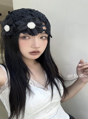 自制韩系夏季花朵套头帽显脸小手工钩织镂空包头帽个性百搭帽子